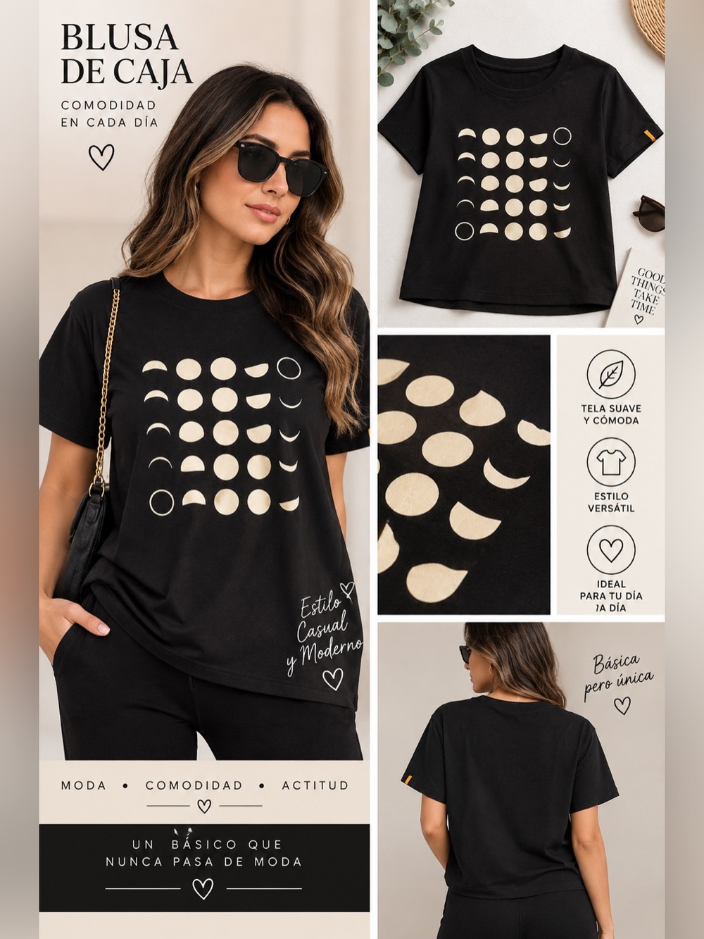 Black Graphic Moon Phase Tee - Gold Print